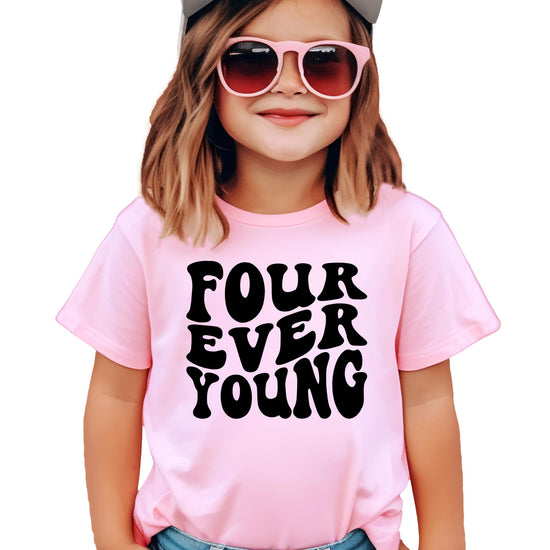 Kids wearing Four Ever Young 4th birthday graphic tee in purple