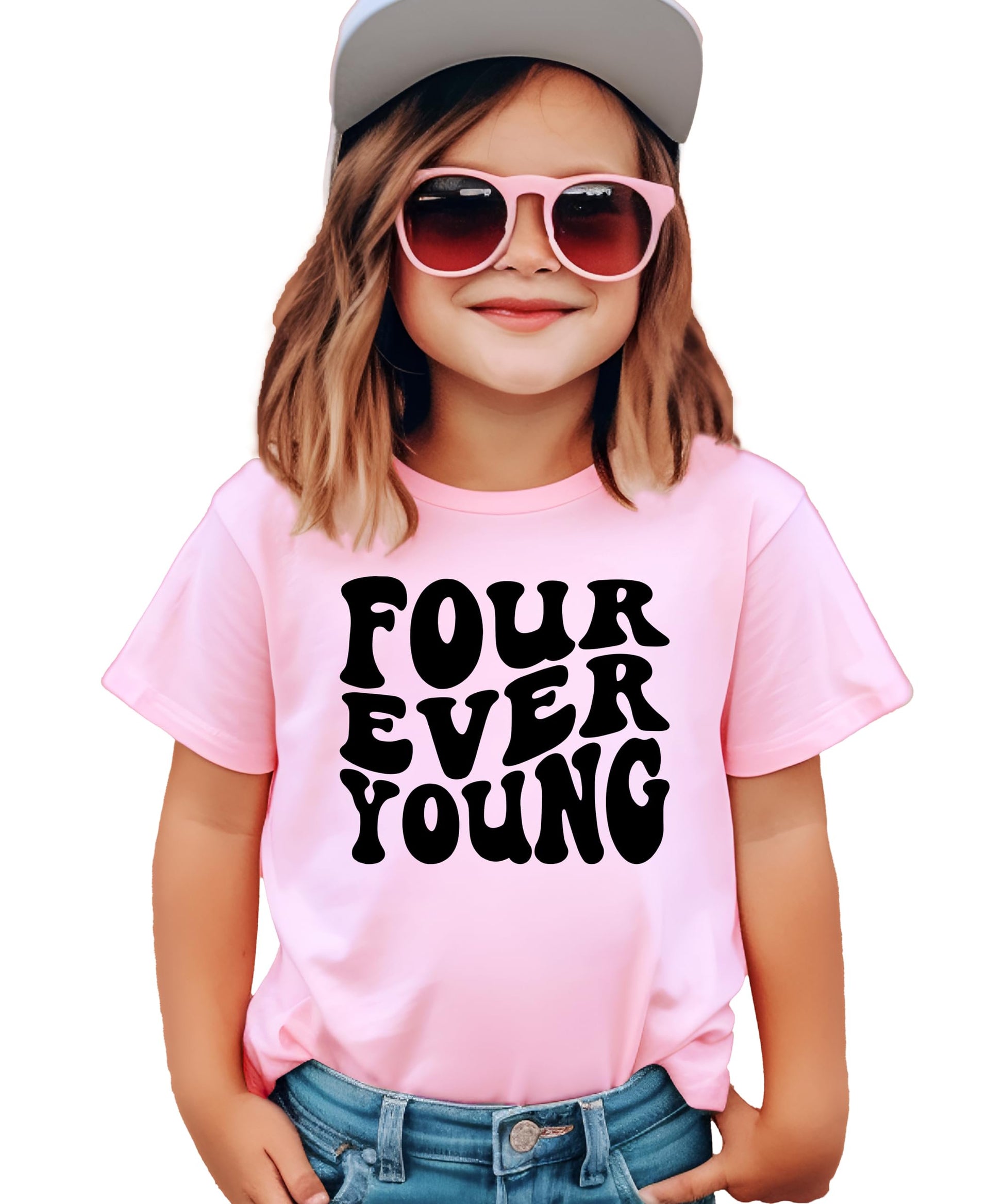 Kids wearing Four Ever Young 4th birthday graphic tee in purple
