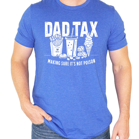 Men's funny Dad Tax t-shirt laid flat showing full front graphic design on dark gray fabric