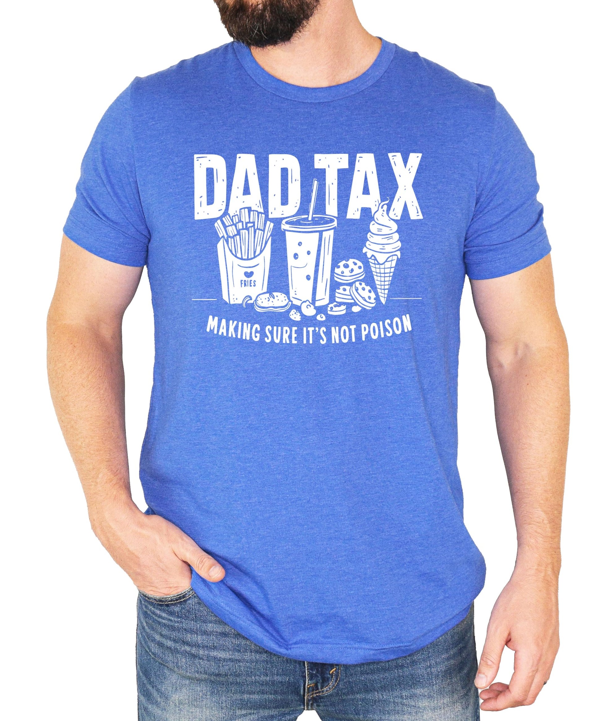Men's funny Dad Tax t-shirt laid flat showing full front graphic design on dark gray fabric