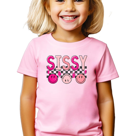 Retro Sissy graphic tee for girls in pink, bold sibling sister design for toddlers and kids