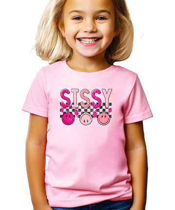 Retro Sissy graphic tee for girls in pink, bold sibling sister design for toddlers and kids