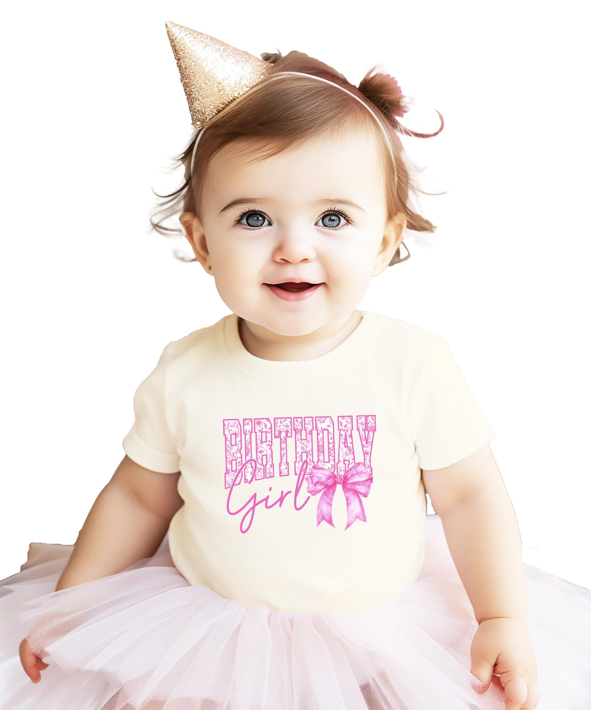 Birthday Girl shirt product shot displaying pink bow and floral elements