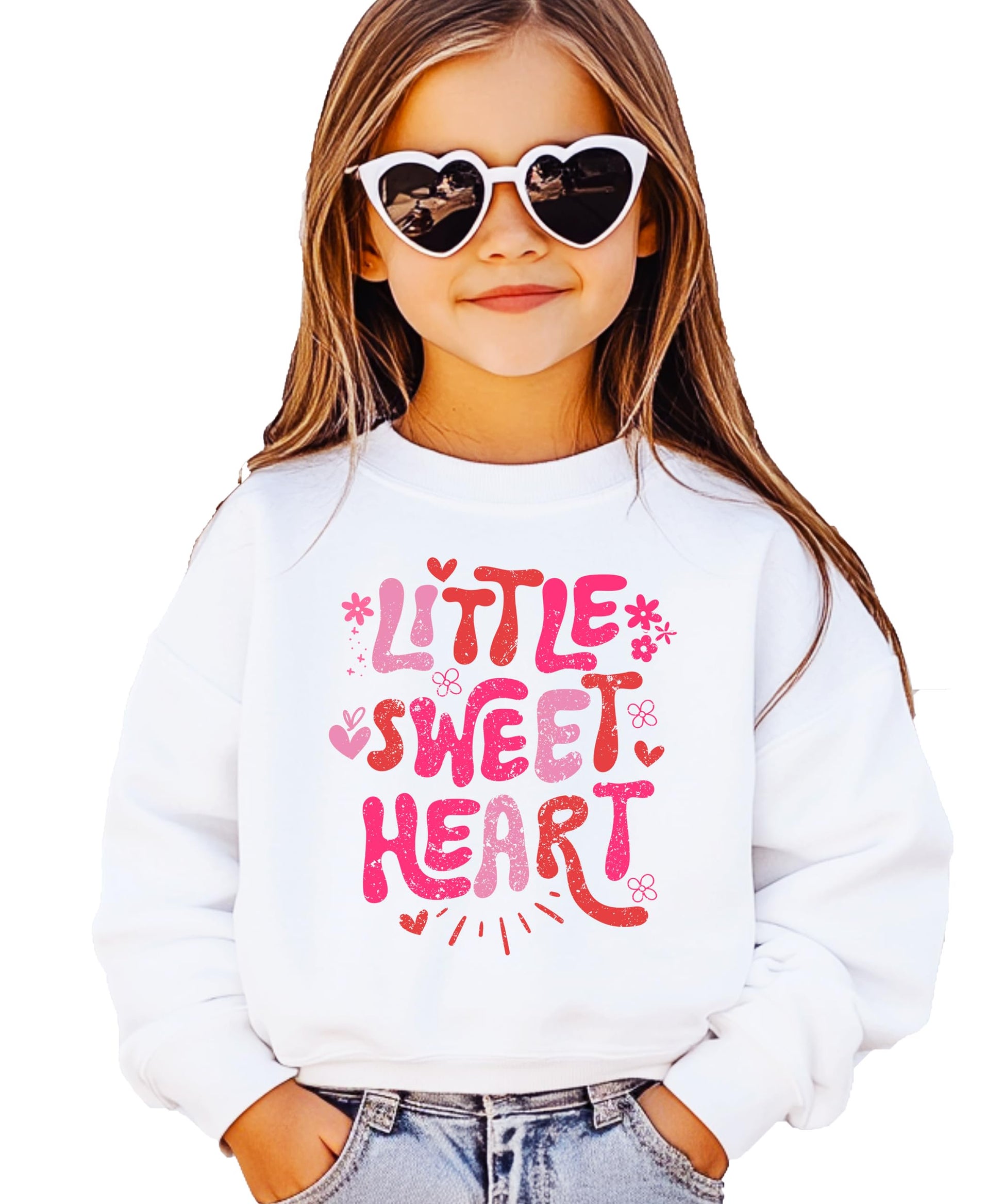 Close-up of pink hearts and flowers graphic print on girls' Valentine sweatshirt