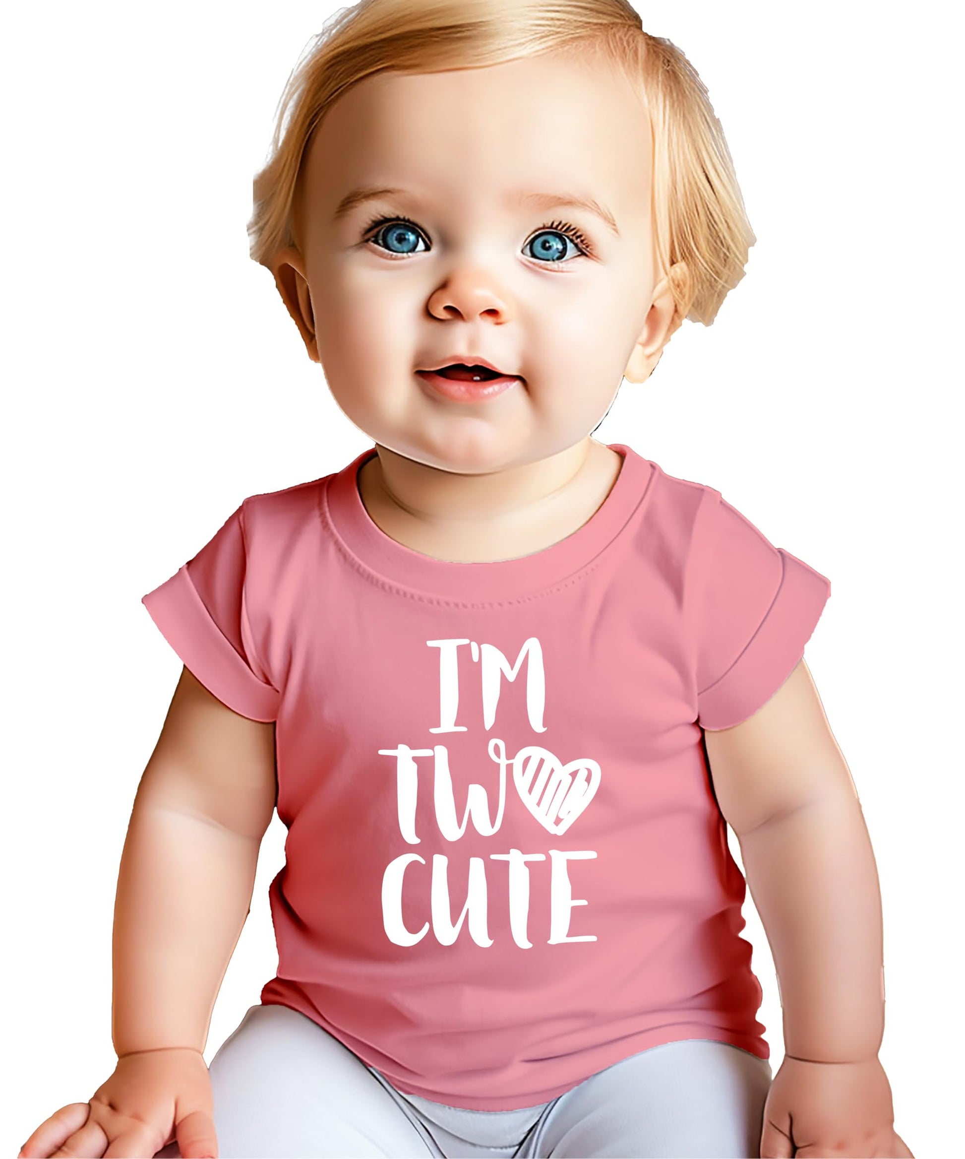 Close-up of I'm Two Cute birthday shirt graphic design on mauve toddler tee