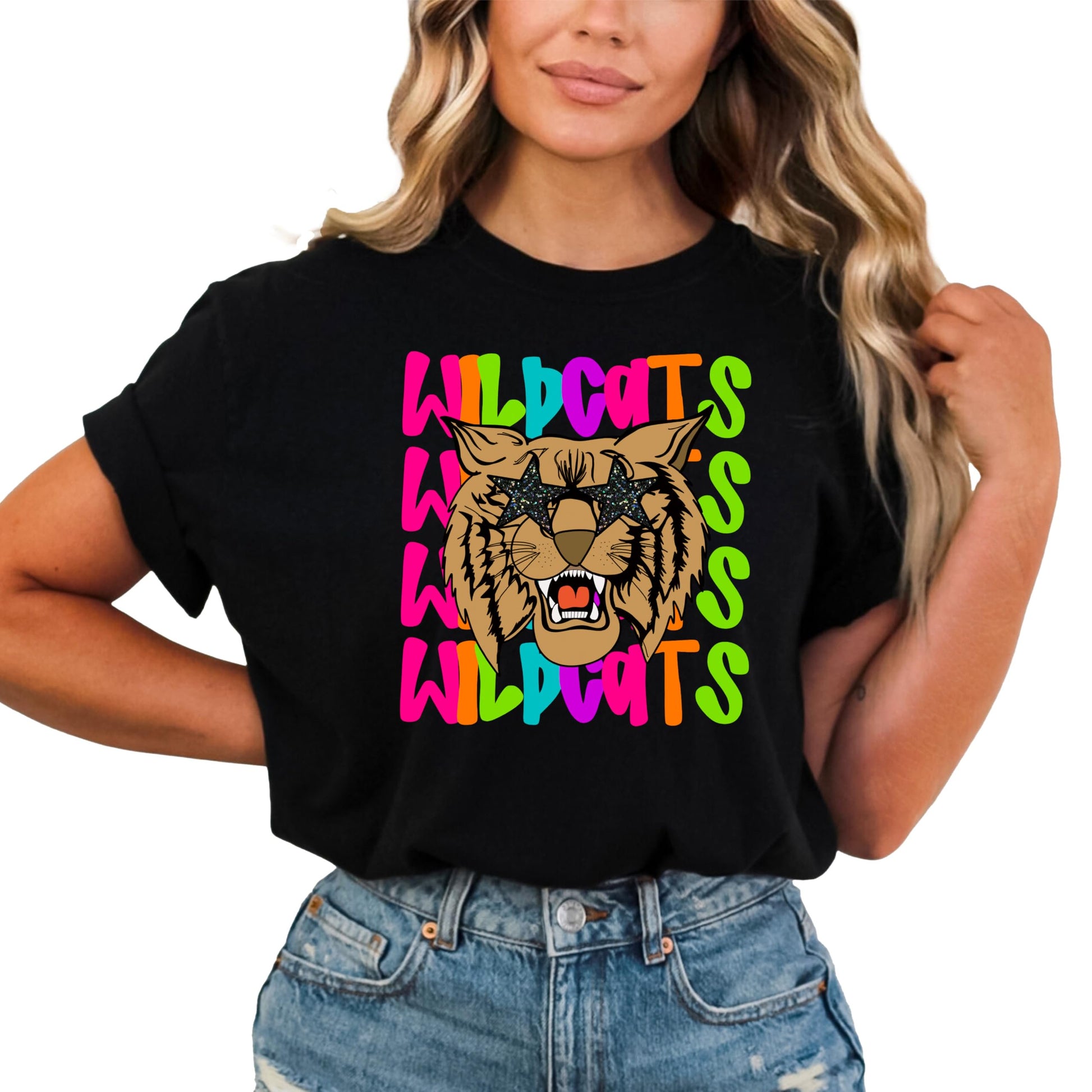Wildcats graphic tee modeled showing fit and colorful retro design