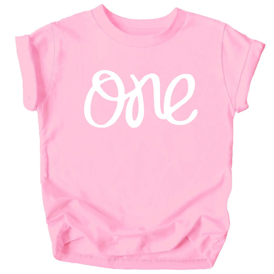 Close-up of 'One' graphic on a purple baby girl first birthday shirt