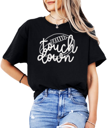 Women's black football touchdown graphic tee with faux embroidery design