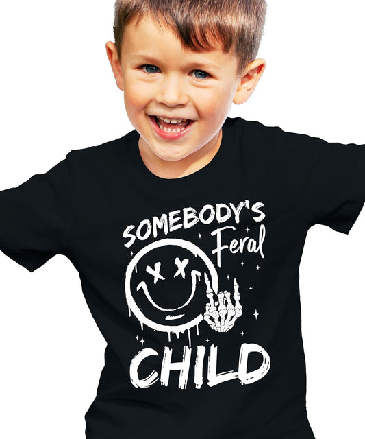 Somebody's Feral Child funny black graphic tee for boys and girls with punk rock inspired design