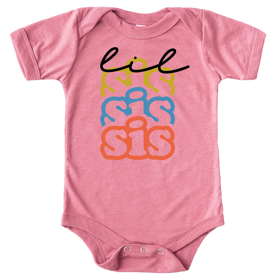 Colorful Little Sister graphic tee for girls in white on mauve, sibling outfit design
