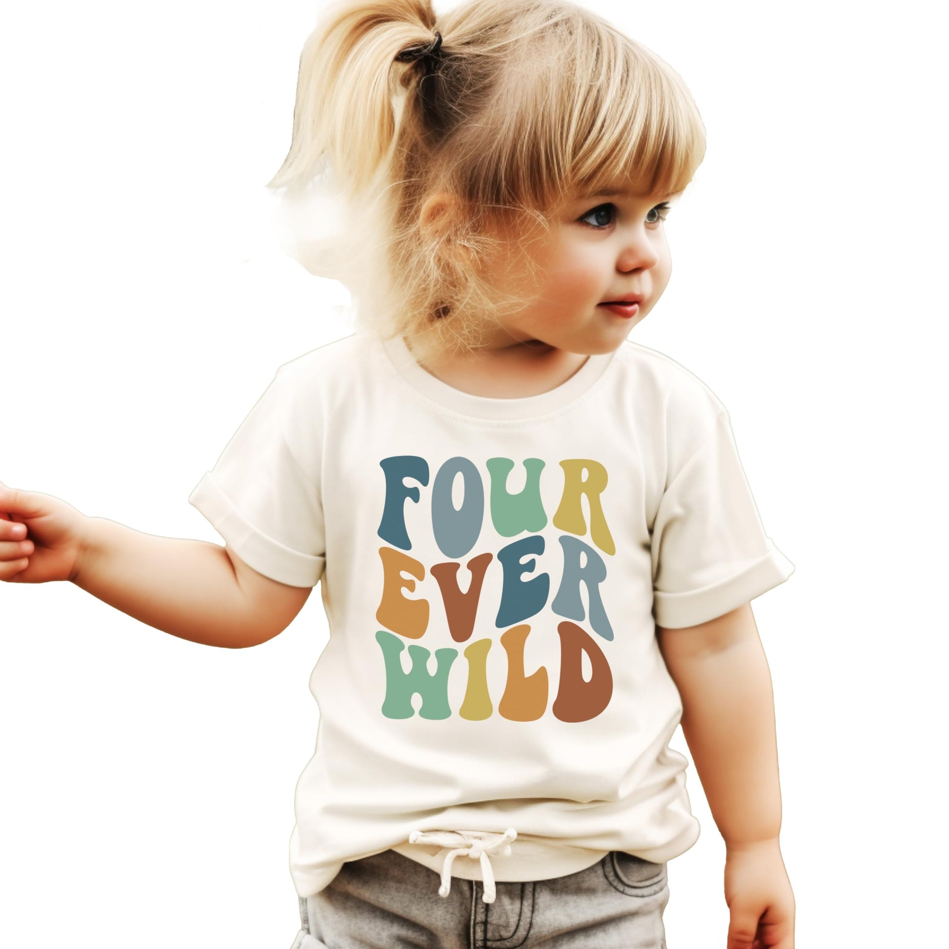 Toddler wearing Four Ever Wild 4th birthday shirt, perfect for birthday party outfit
