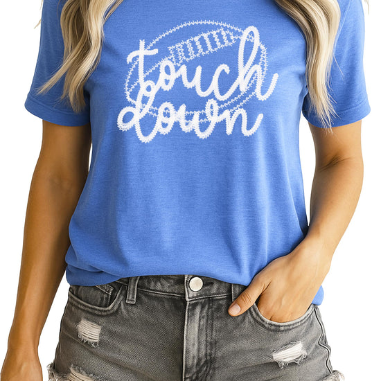 Close-up of trendy touchdown faux embroidery graphic on black women's t-shirt