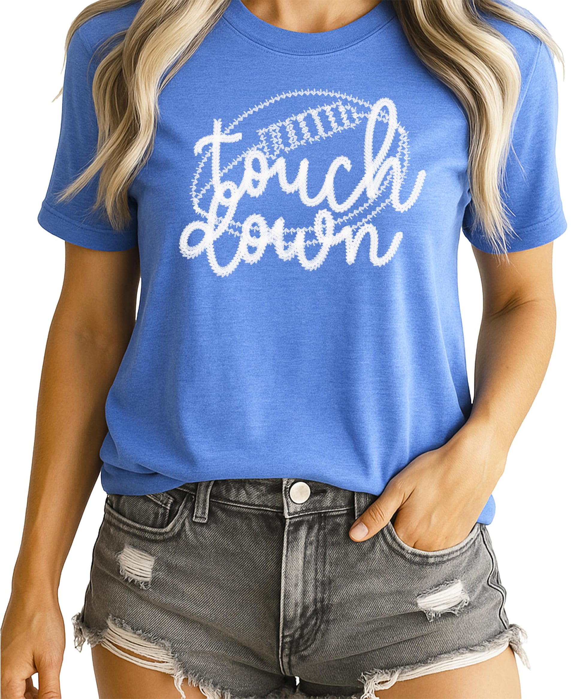 Close-up of trendy touchdown faux embroidery graphic on black women's t-shirt