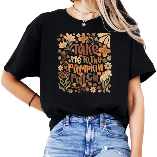 Woman wearing Take Me to The Pumpkin Patch fall shirt in casual autumn outfit styling