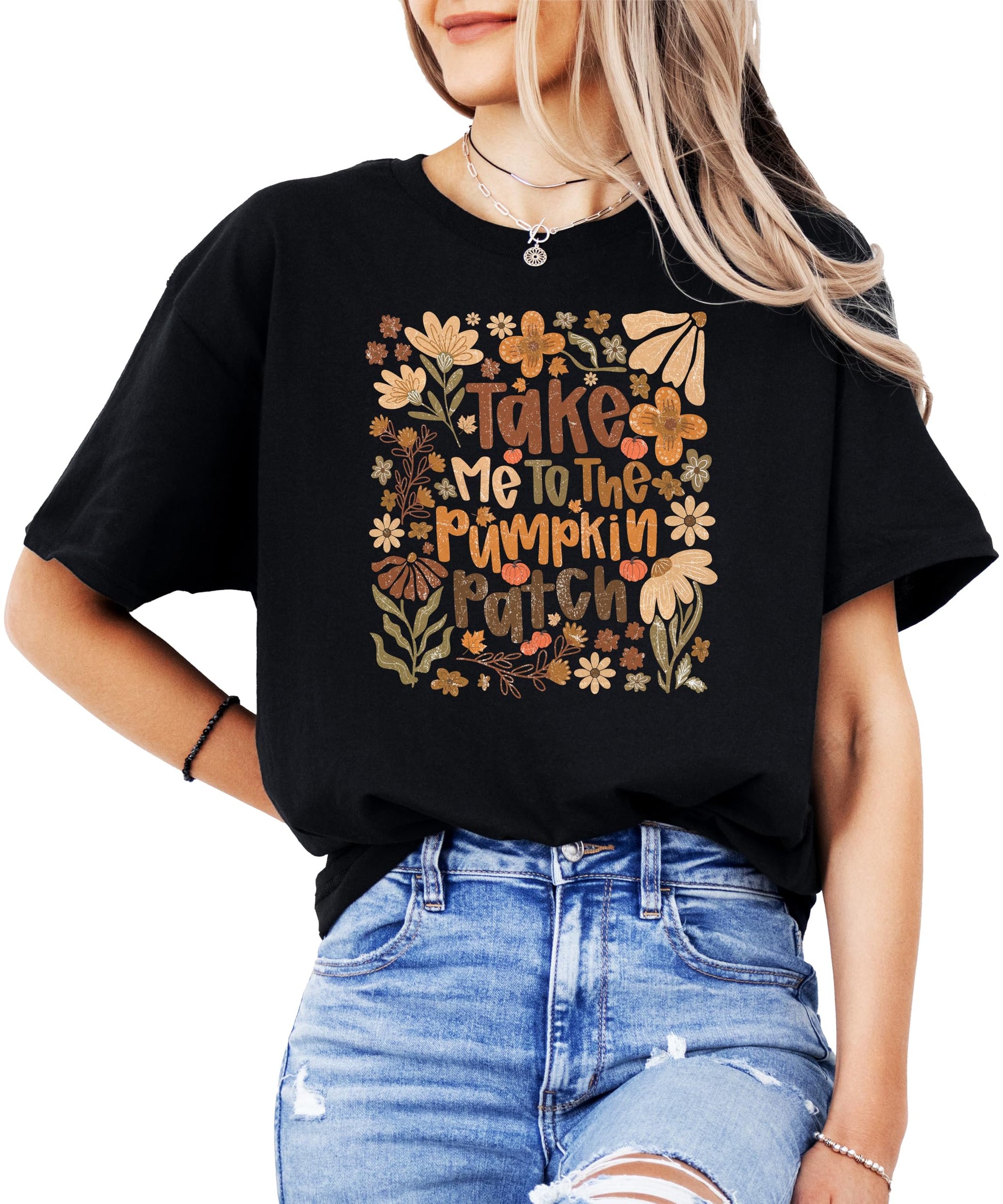 Woman wearing Take Me to The Pumpkin Patch fall shirt in casual autumn outfit styling