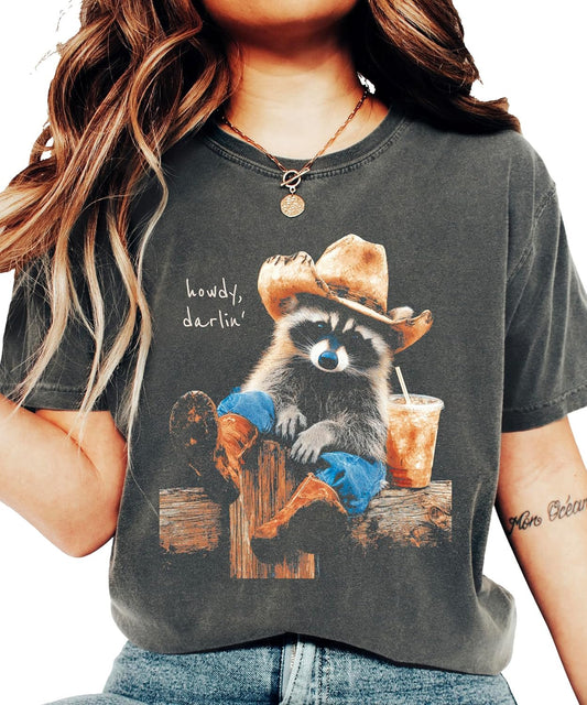 Howdy Cowboy Raccoon Funny Western Graphic Tee