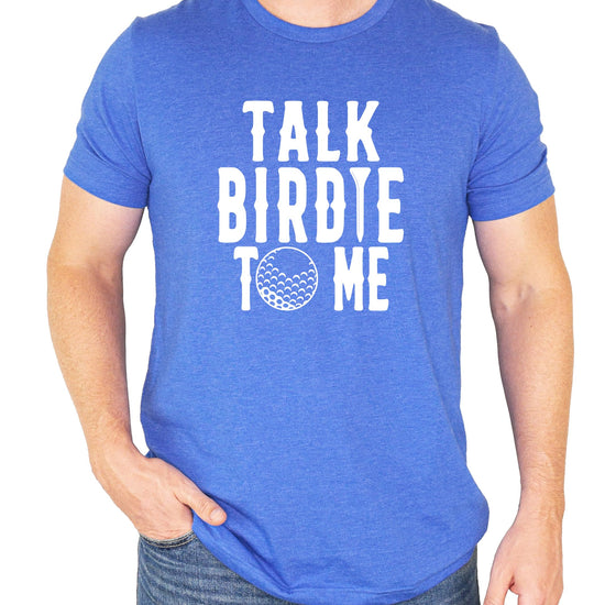Men's golf t-shirt with funny birdie saying modeled front view