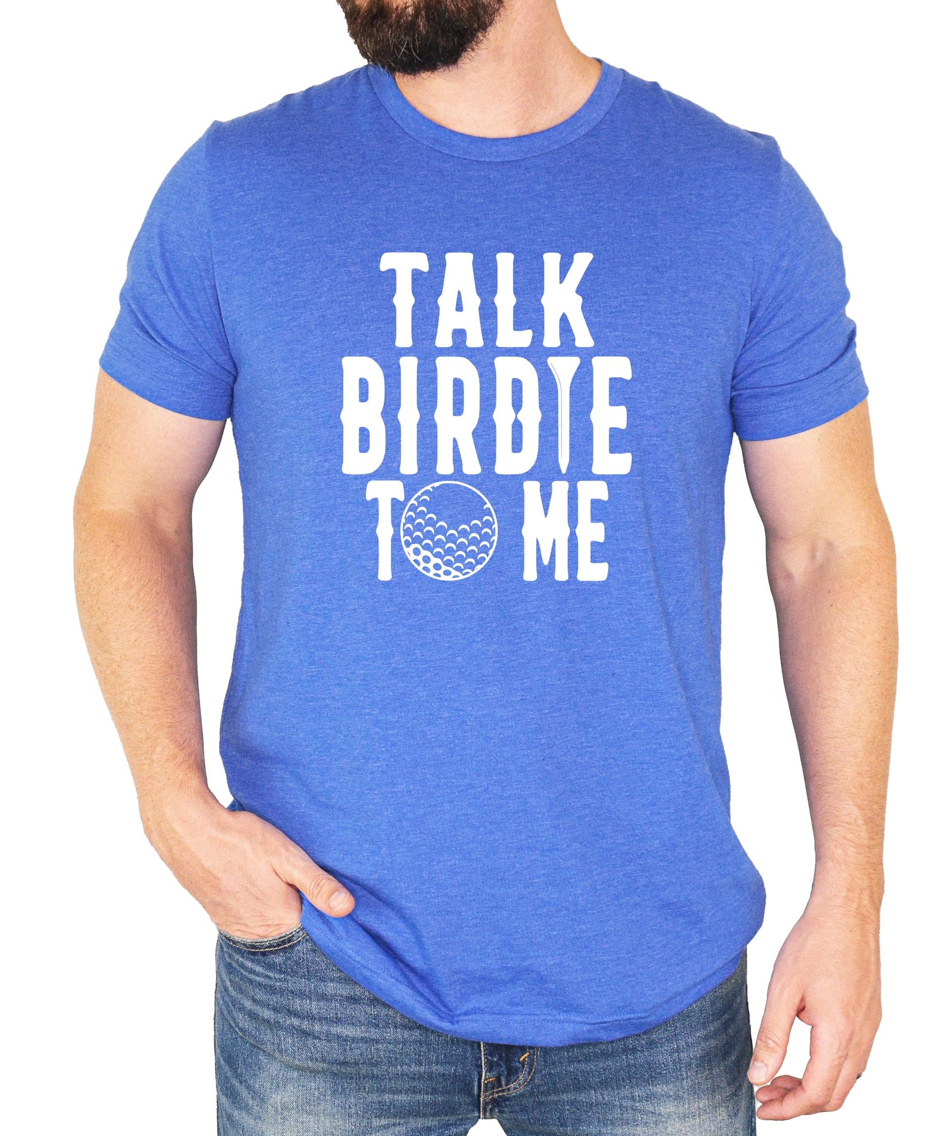 Men's golf t-shirt with funny birdie saying modeled front view