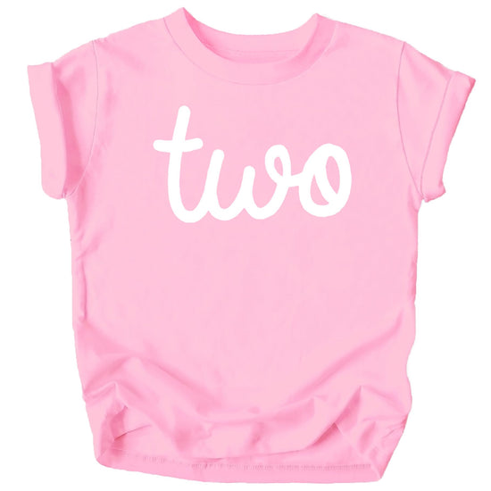 Close-up of cursive 'Two' graphic print on purple toddler girls birthday t-shirt