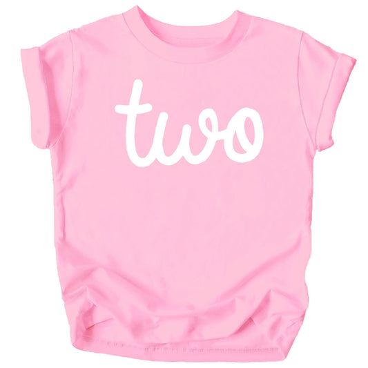 Close-up of cursive 'Two' graphic print on purple toddler girls birthday t-shirt