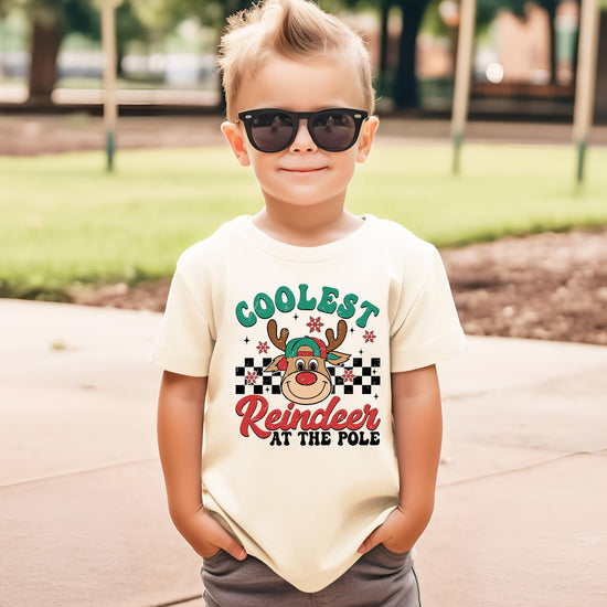 Close-up of red-nosed reindeer in hat graphic print on boys natural Christmas tee