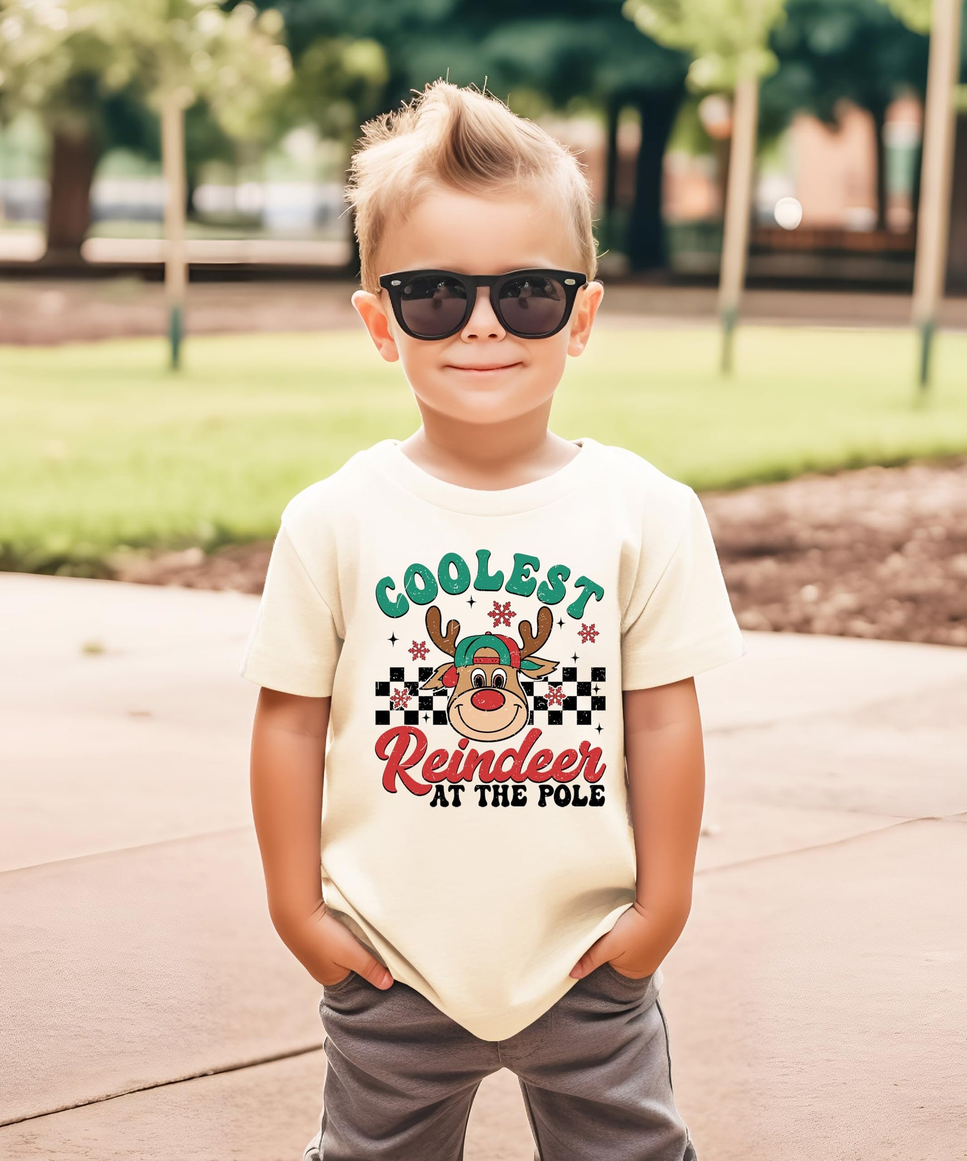 Close-up of red-nosed reindeer in hat graphic print on boys natural Christmas tee