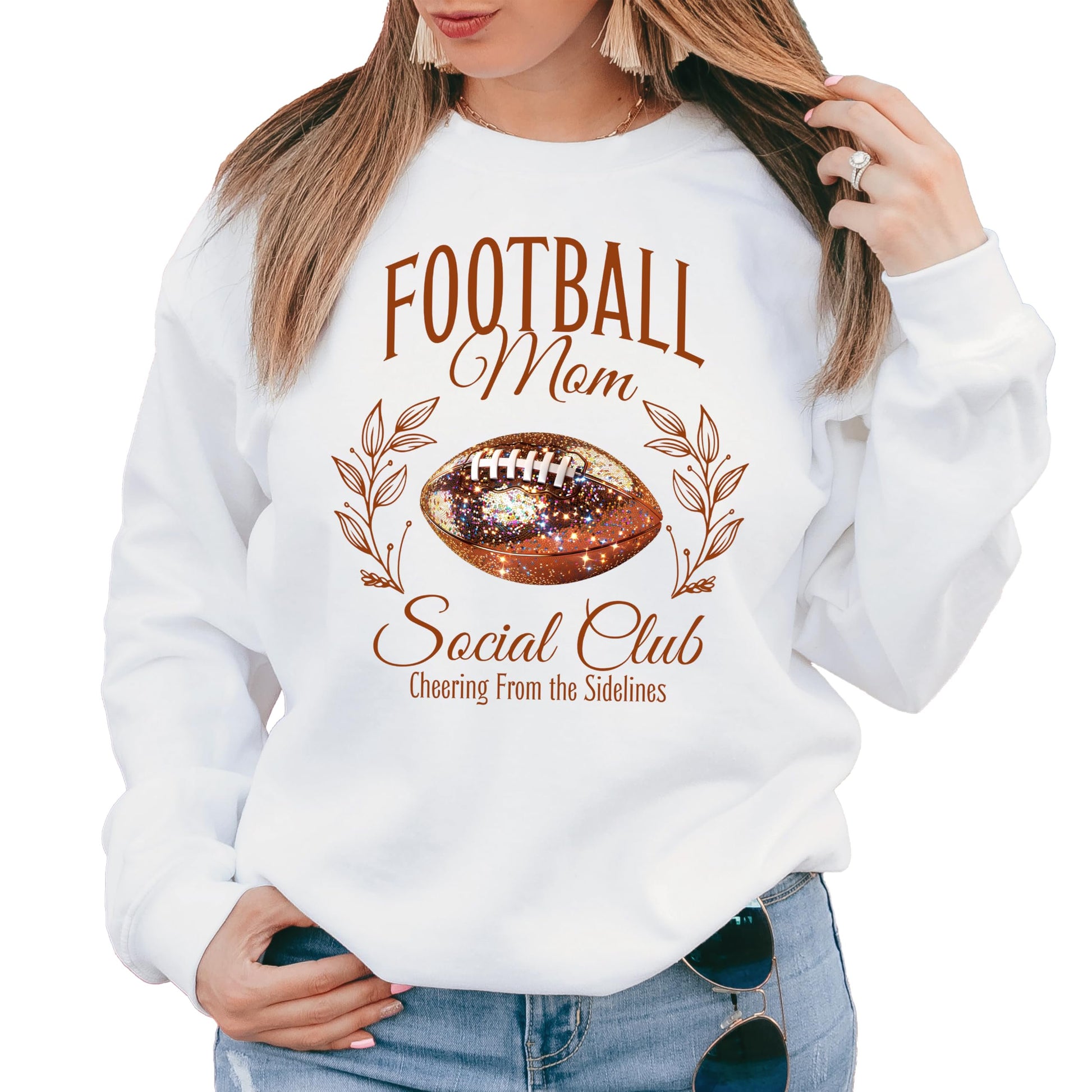 Gray pullover sweatshirt with faux glitter Football Mom Social Club graphic and Cheering from the Sidelines script
