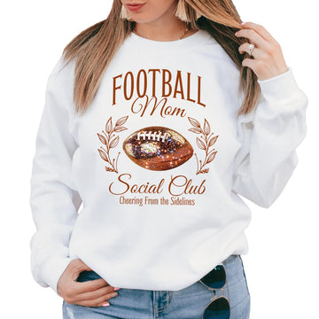 Gray pullover sweatshirt with faux glitter Football Mom Social Club graphic and Cheering from the Sidelines script
