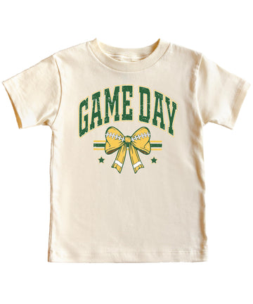 Green and Gold Game Day Shirt for Women, Teens & Kids Team Colors Football Bow Graphic Tee