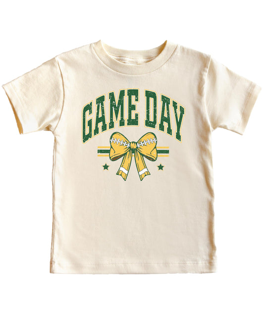 Green and Gold Game Day Shirt for Women, Teens & Kids Team Colors Football Bow Graphic Tee