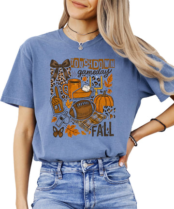 Trendy Touchdown fall football graphic tee with pumpkins, coffee, pie and autumn leaves design