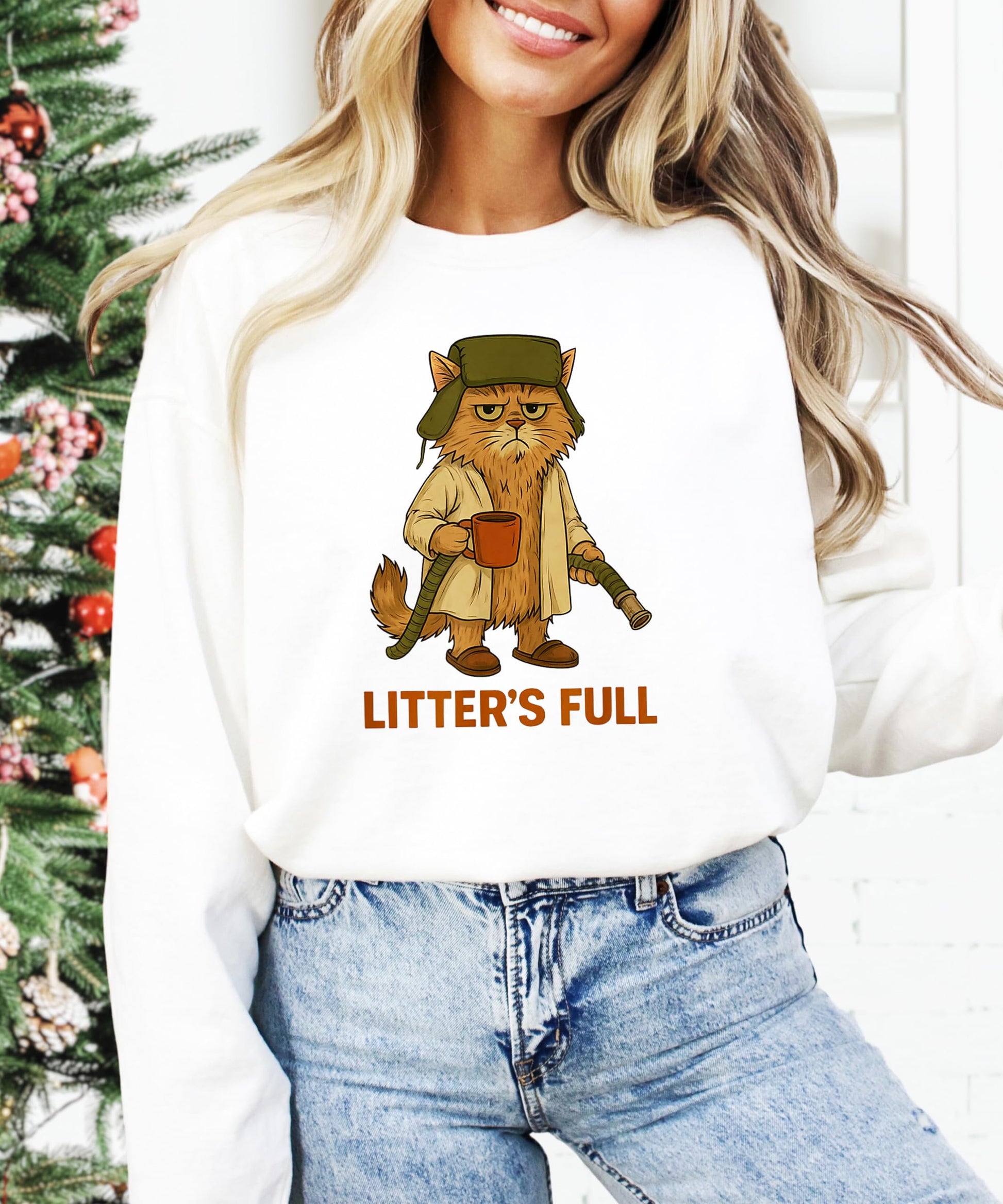 Back view of gray Litter's Full unisex Christmas cat sweatshirt