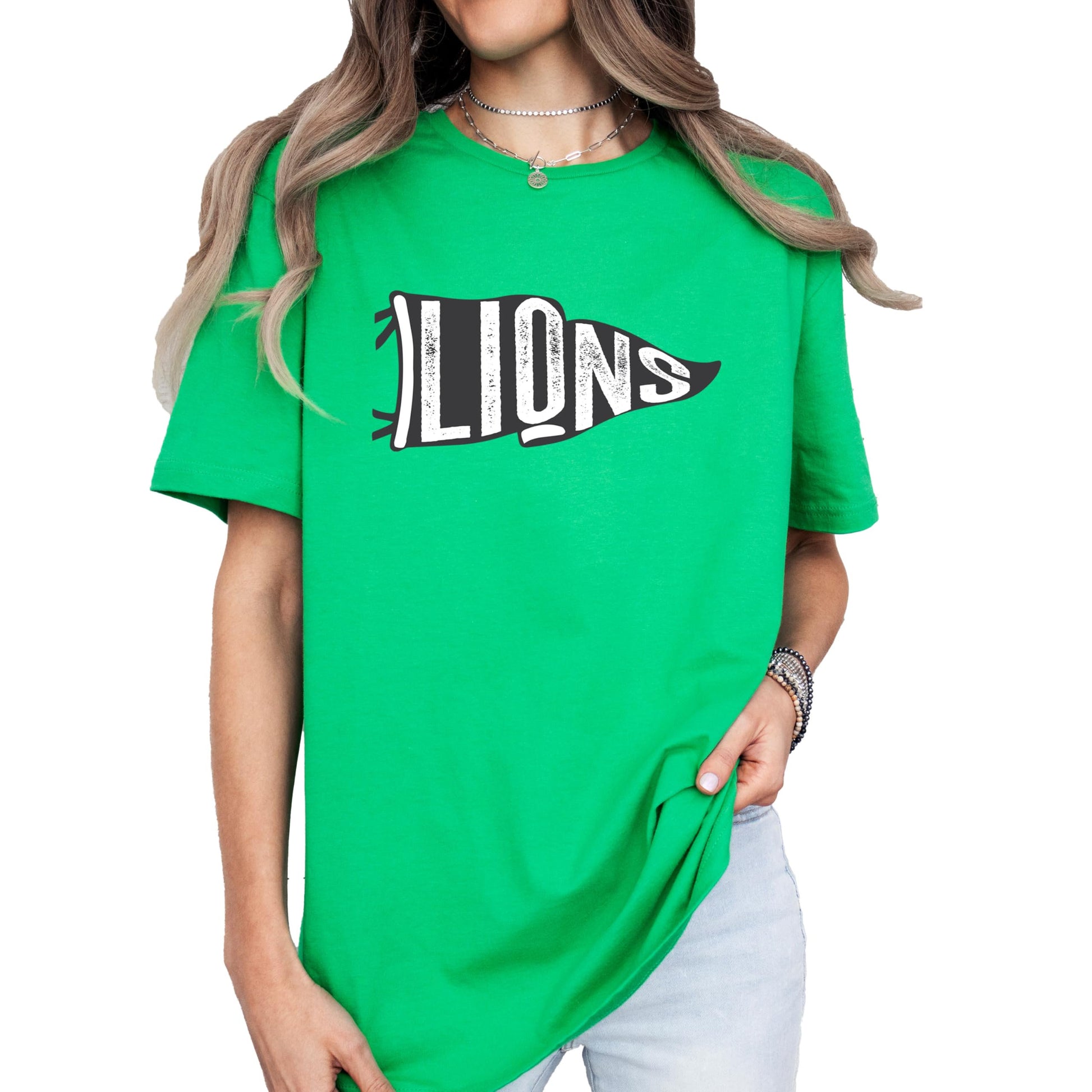 Men's Lions vintage green graphic tee, retro sports flag design side view