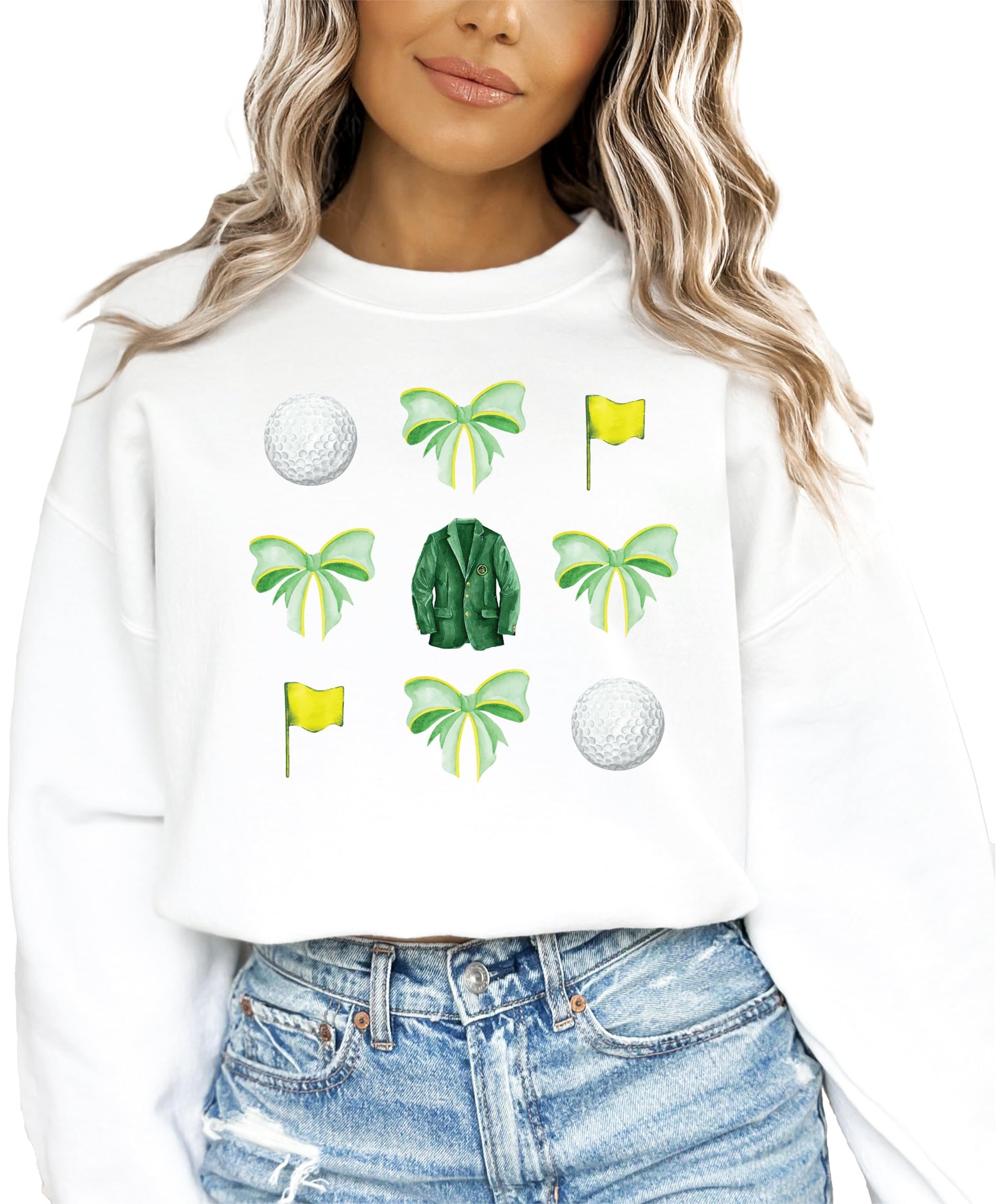 White pullover sweatshirt with green bows and golf balls graphic design for women and teens