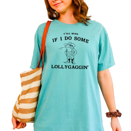 Full front view of women's seafoam green lollygaggin country toad meme t-shirt