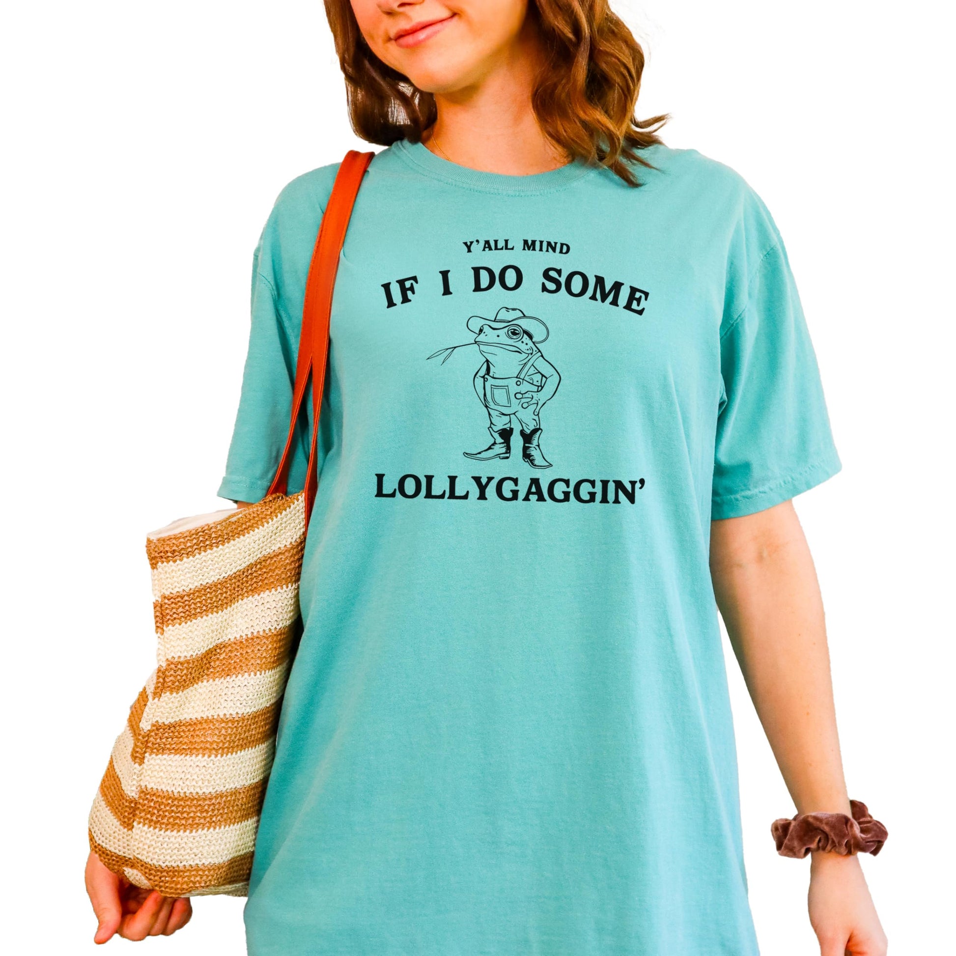 Full front view of women's seafoam green lollygaggin country toad meme t-shirt