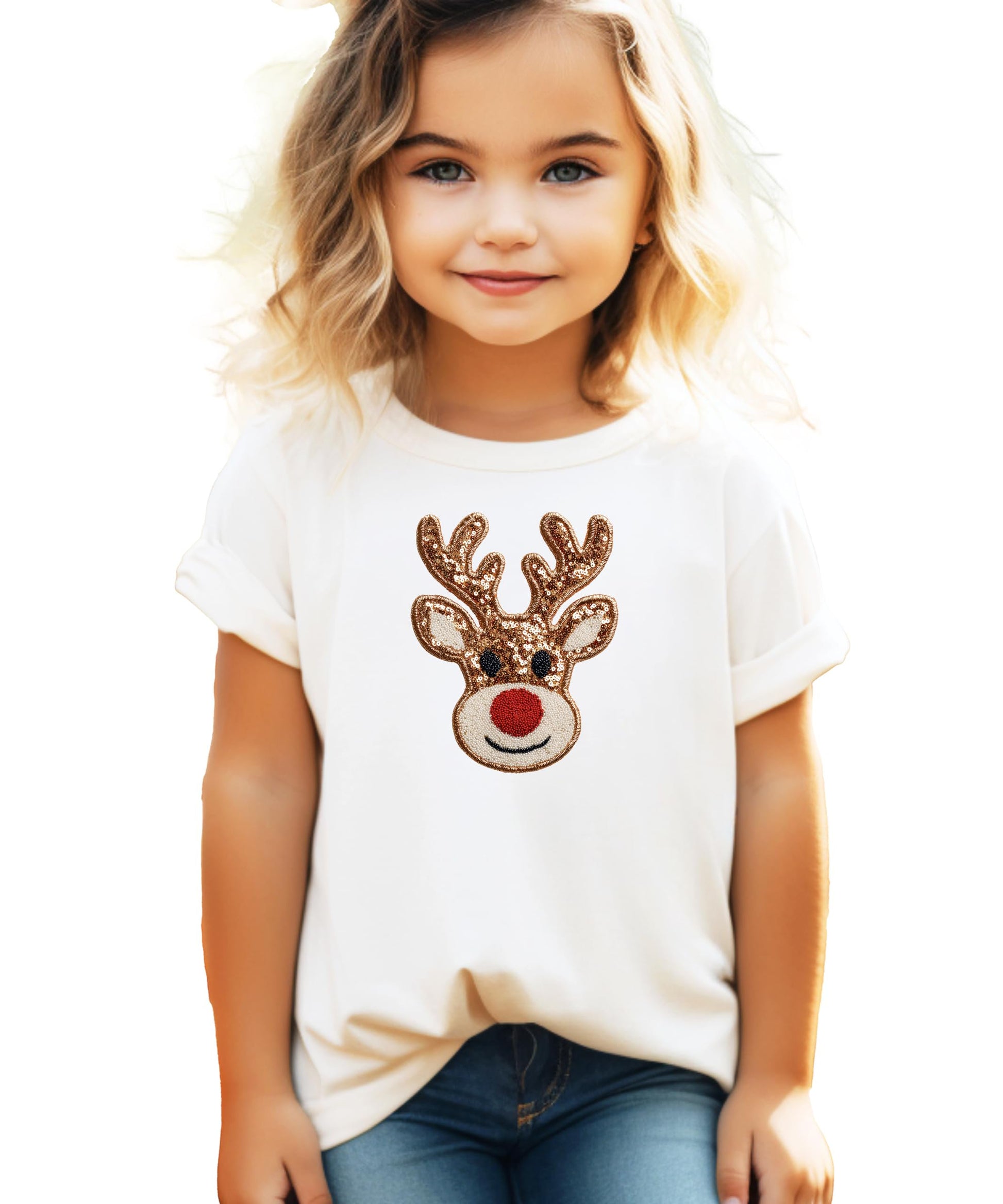 Close-up of ink-printed reindeer holiday graphic on black girls shirt showing shimmer detail