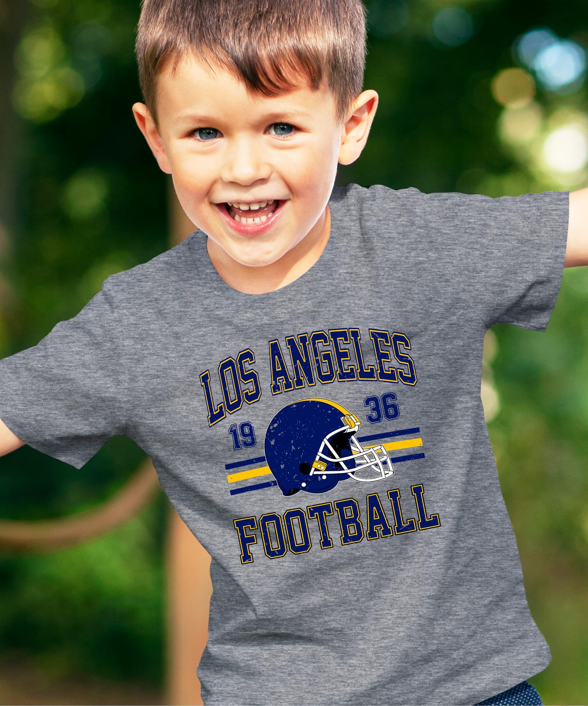 Side view of vintage Los Angeles Football shirt showing classic fit and natural heather color with retro sports design