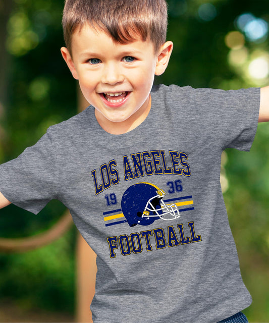 Side view of vintage Los Angeles Football shirt showing classic fit and natural heather color with retro sports design