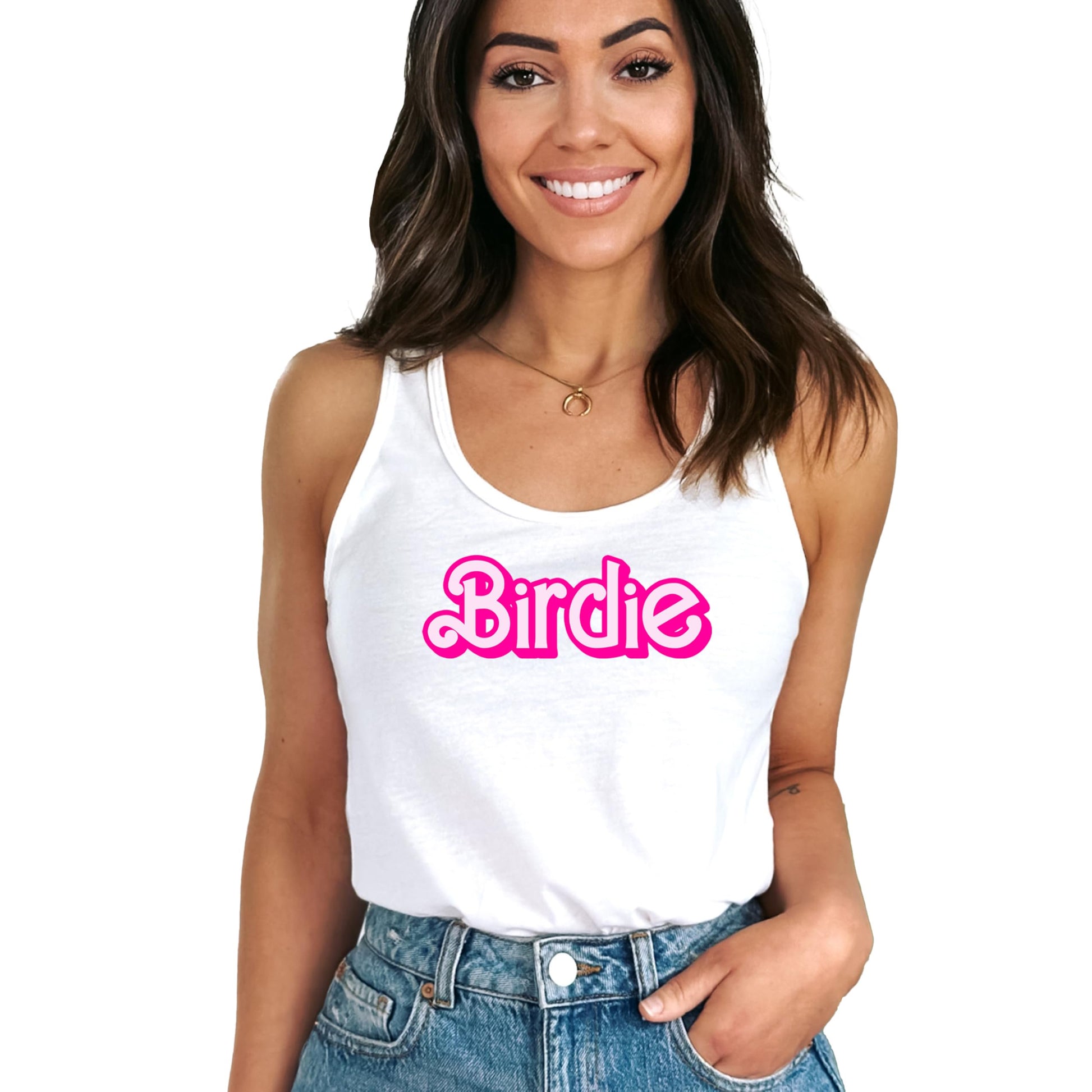 Back view of women's Birdie racerback tank top showing flattering racerback cut