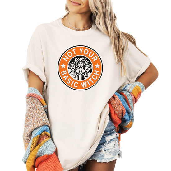 Not Your Basic Witch ivory graphic Halloween t-shirt for women and teens by Olive Loves Apple