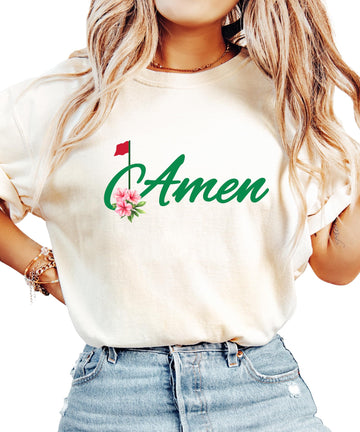 Amen Golf Shirt for Women and Teens Floral Golfers T-Shirt with Red Flag