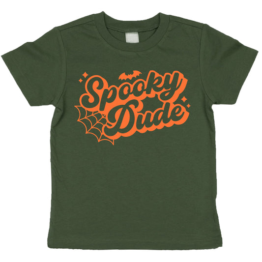 Close-up of spooky dude spiderweb graphic print on burgundy toddler Halloween shirt