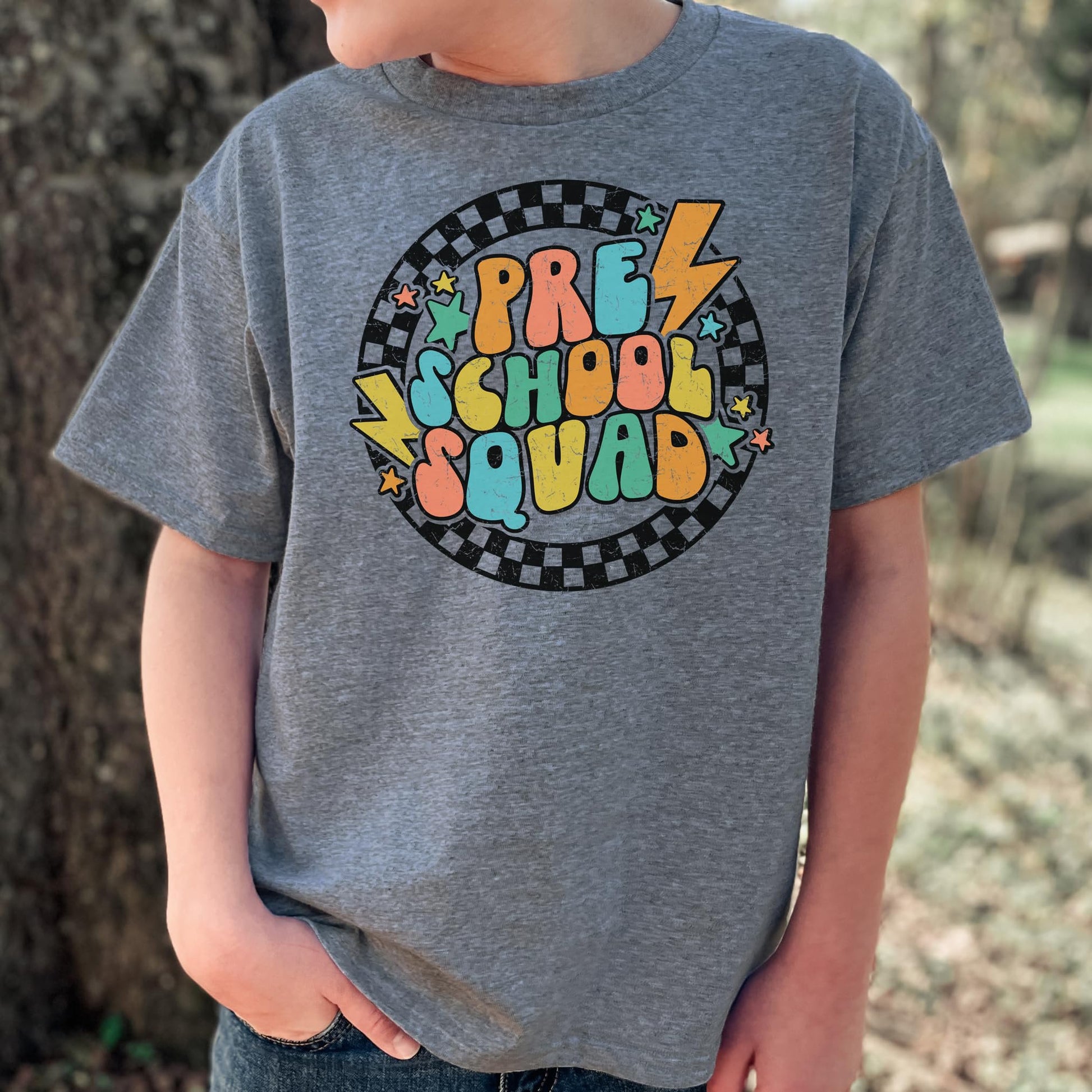 Back to school outfit featuring preschool squad lightning graphic kids tee