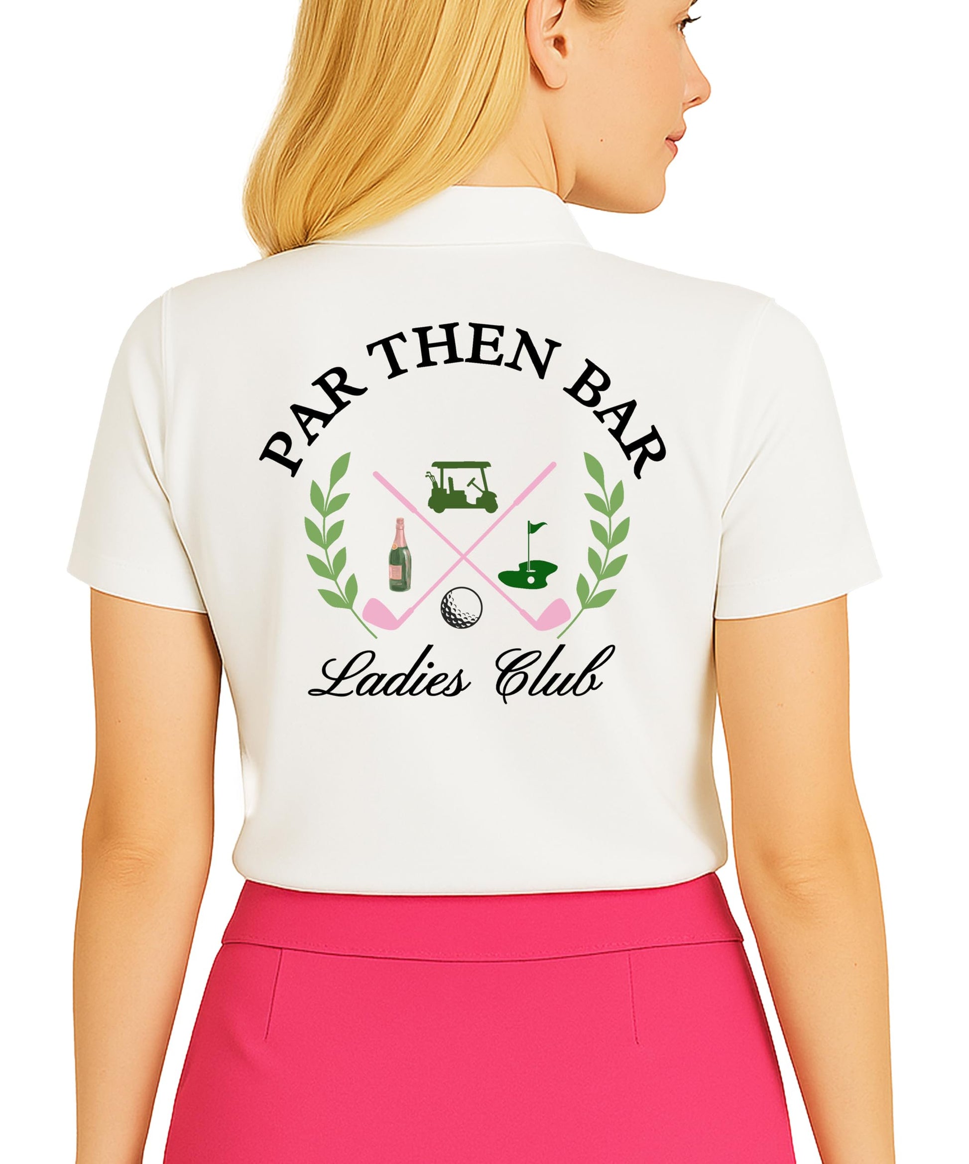 Close-up of Par Then Bar Ladies Club polo design and text detail