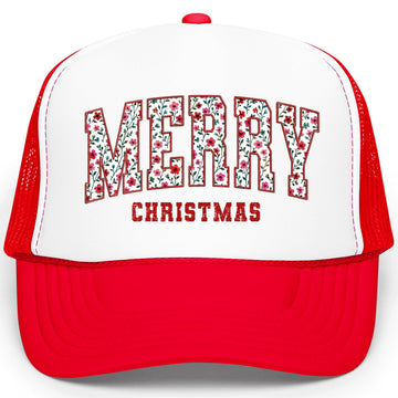 Merry Christmas Trucker Hat for Women Floral Holiday Foam Front Classic 5 Panel Mesh Snapback