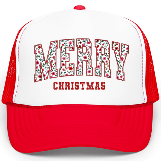 Merry Christmas Trucker Hat for Women Floral Holiday Foam Front Classic 5 Panel Mesh Snapback