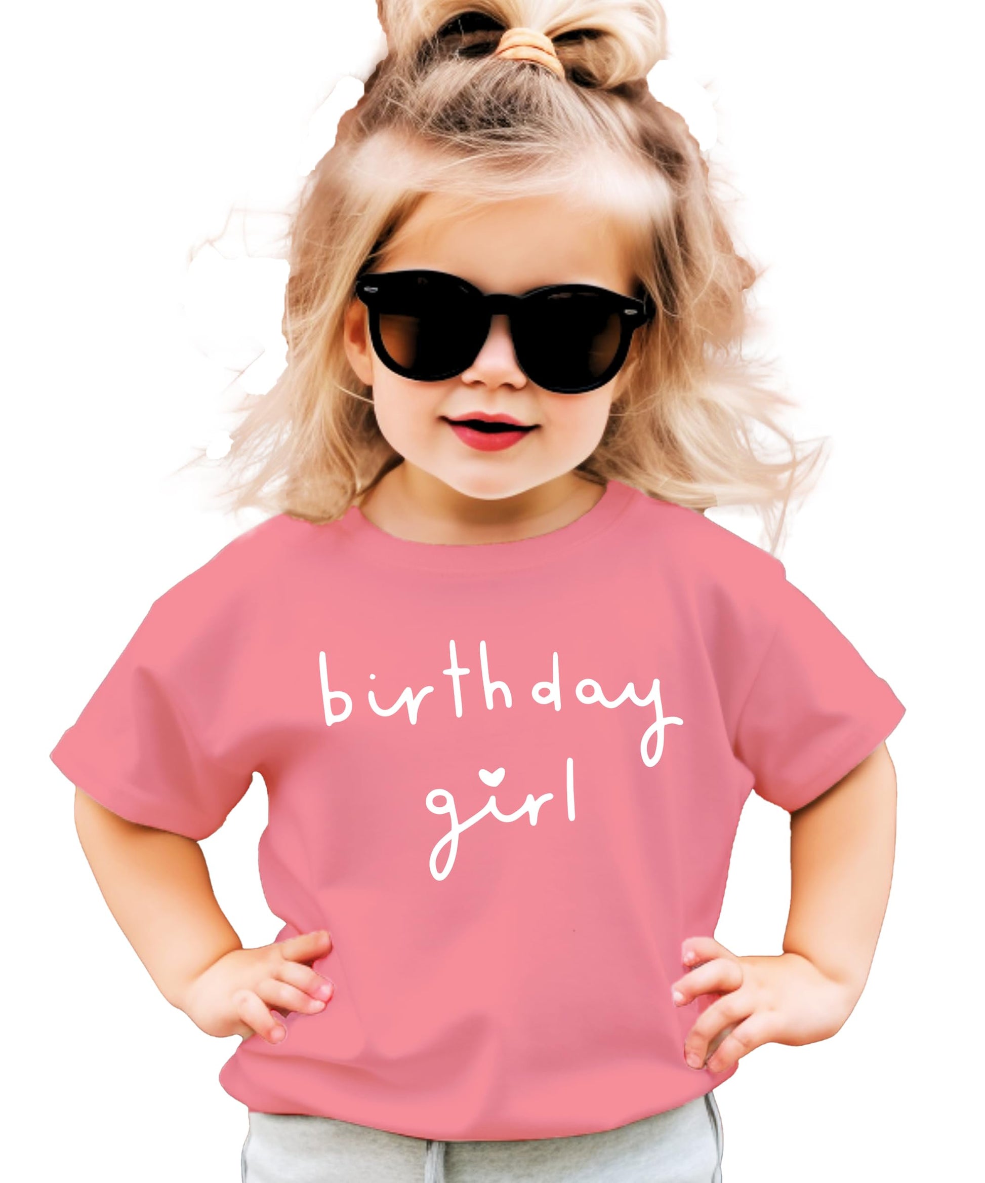 Young girl wearing military green Birthday Girl heart graphic tee for birthday celebration