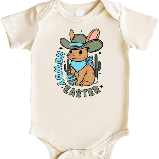 Natural baby bodysuit with Howdy Easter desert cowboy bunny graphic design
