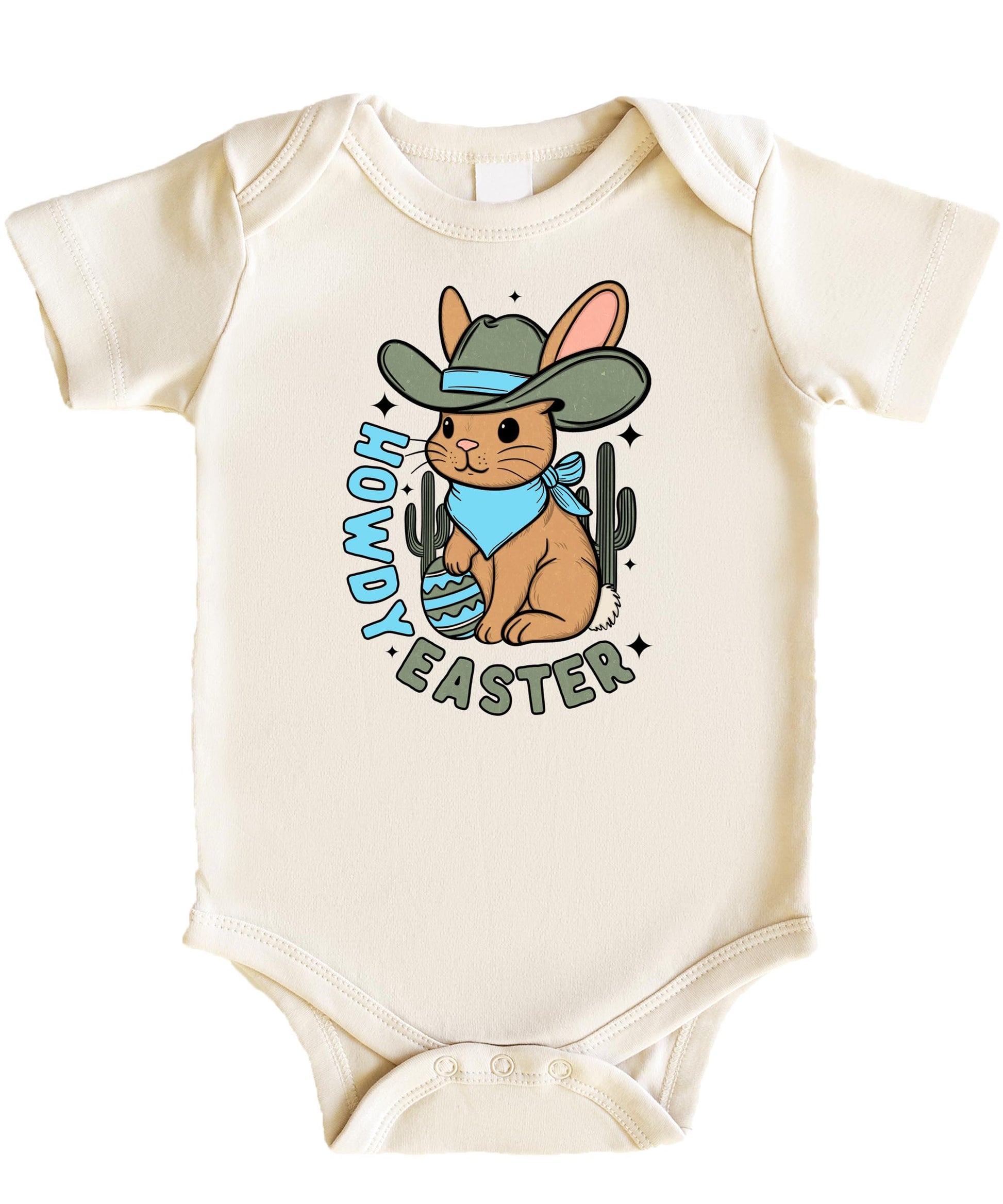 Natural baby bodysuit with Howdy Easter desert cowboy bunny graphic design